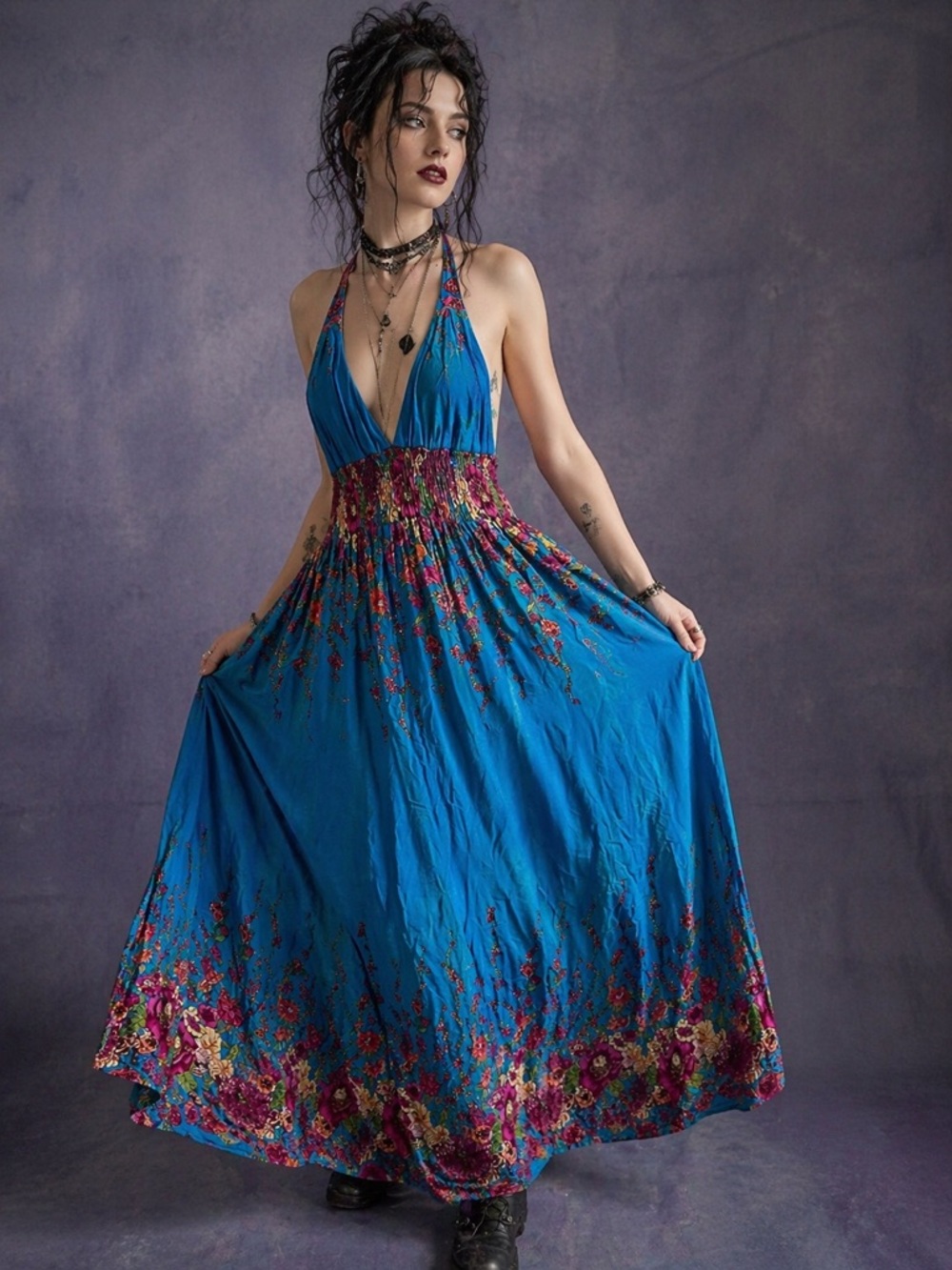 Bohemian Deep V Halter Maxi Dress, Royal Blue with VIBRANT Floral Design, - Picture 2 of 7